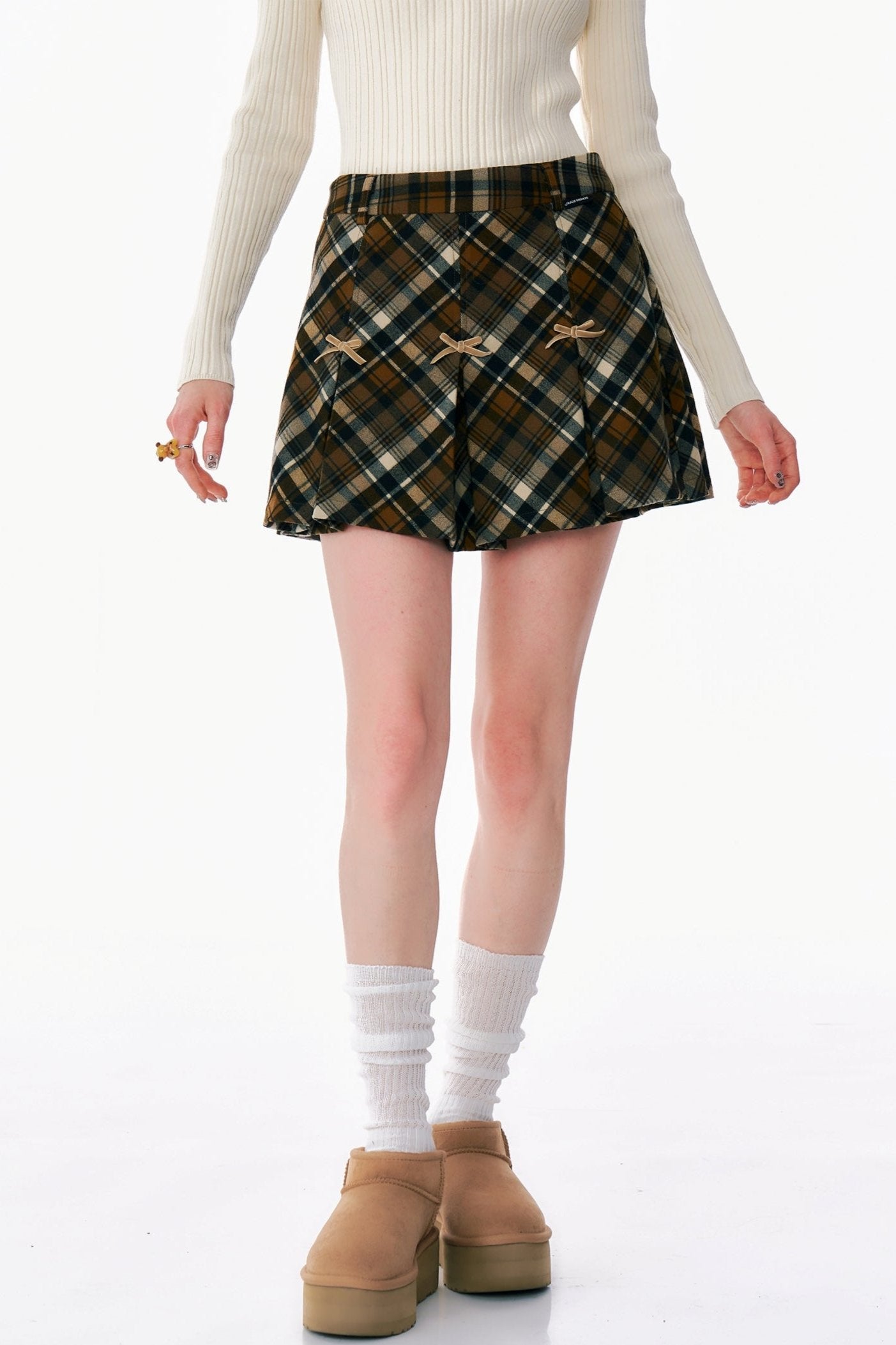 Vintage Bow High Waist Plaid A-Line Skirt