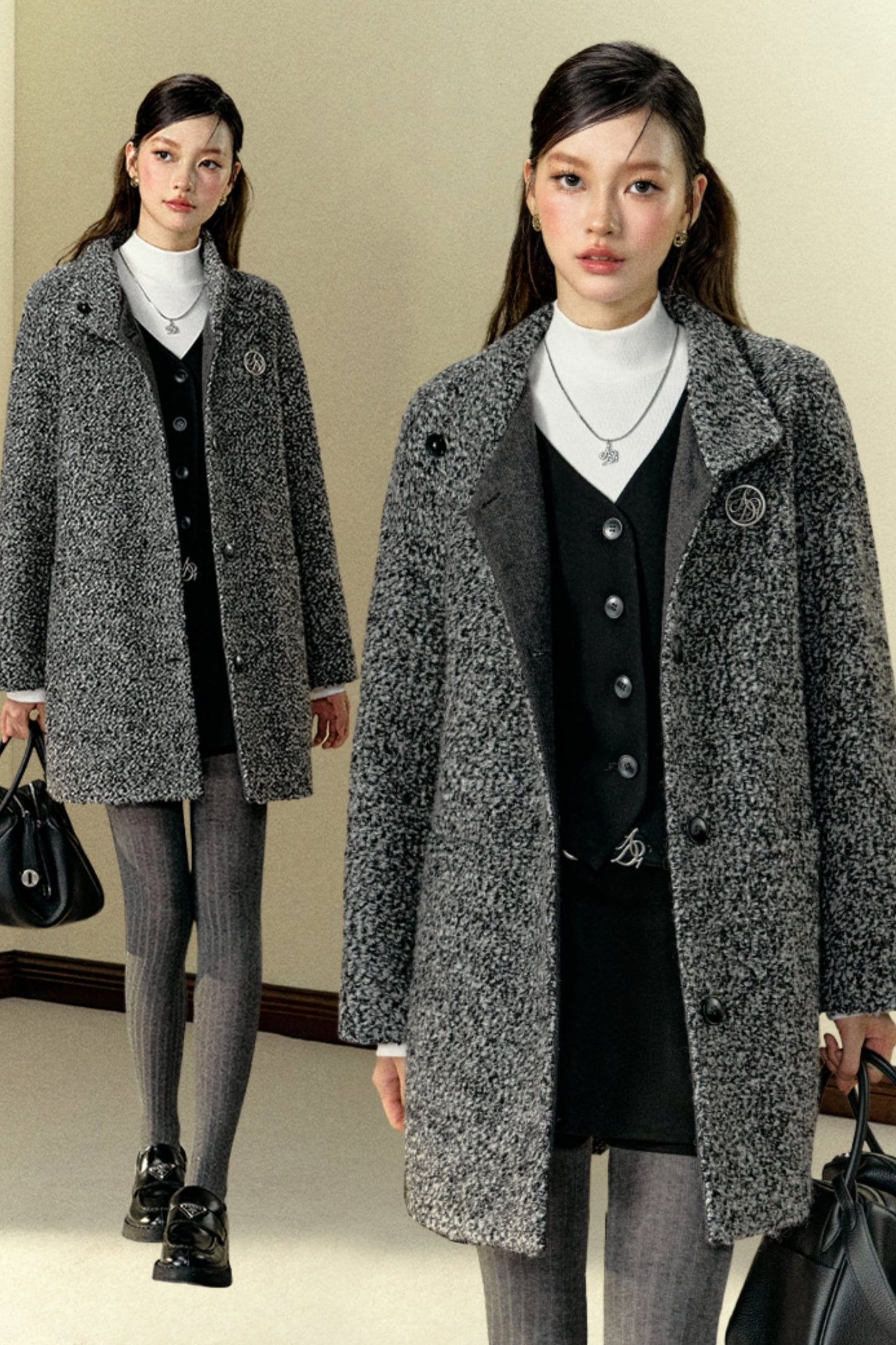 Mid-Length Woolen Stand-Collar Coat