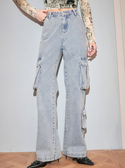 Relaxed Fit Cargo Denim Pants
