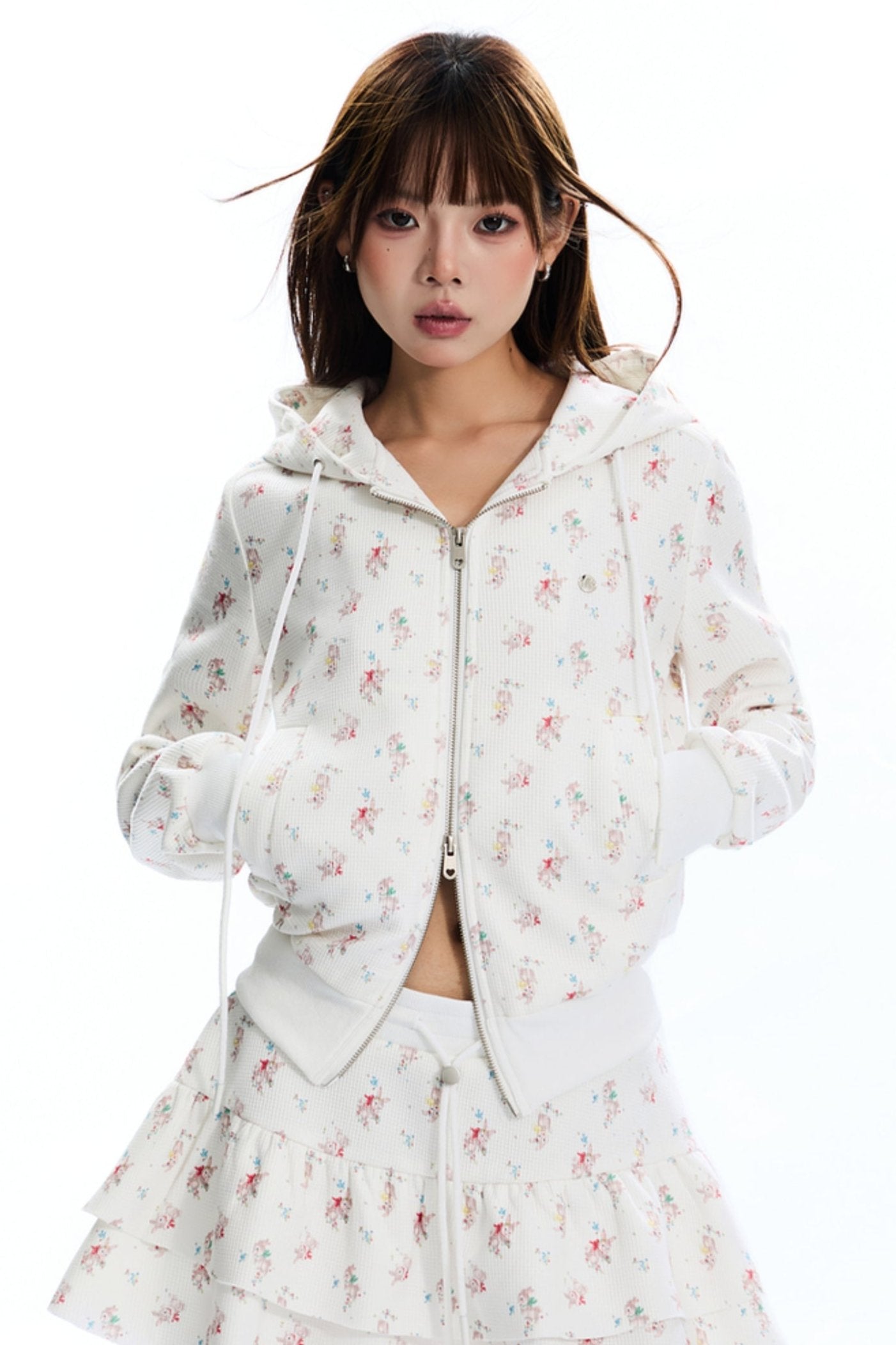 Floral Waffle Hooded Cardigan Jacket