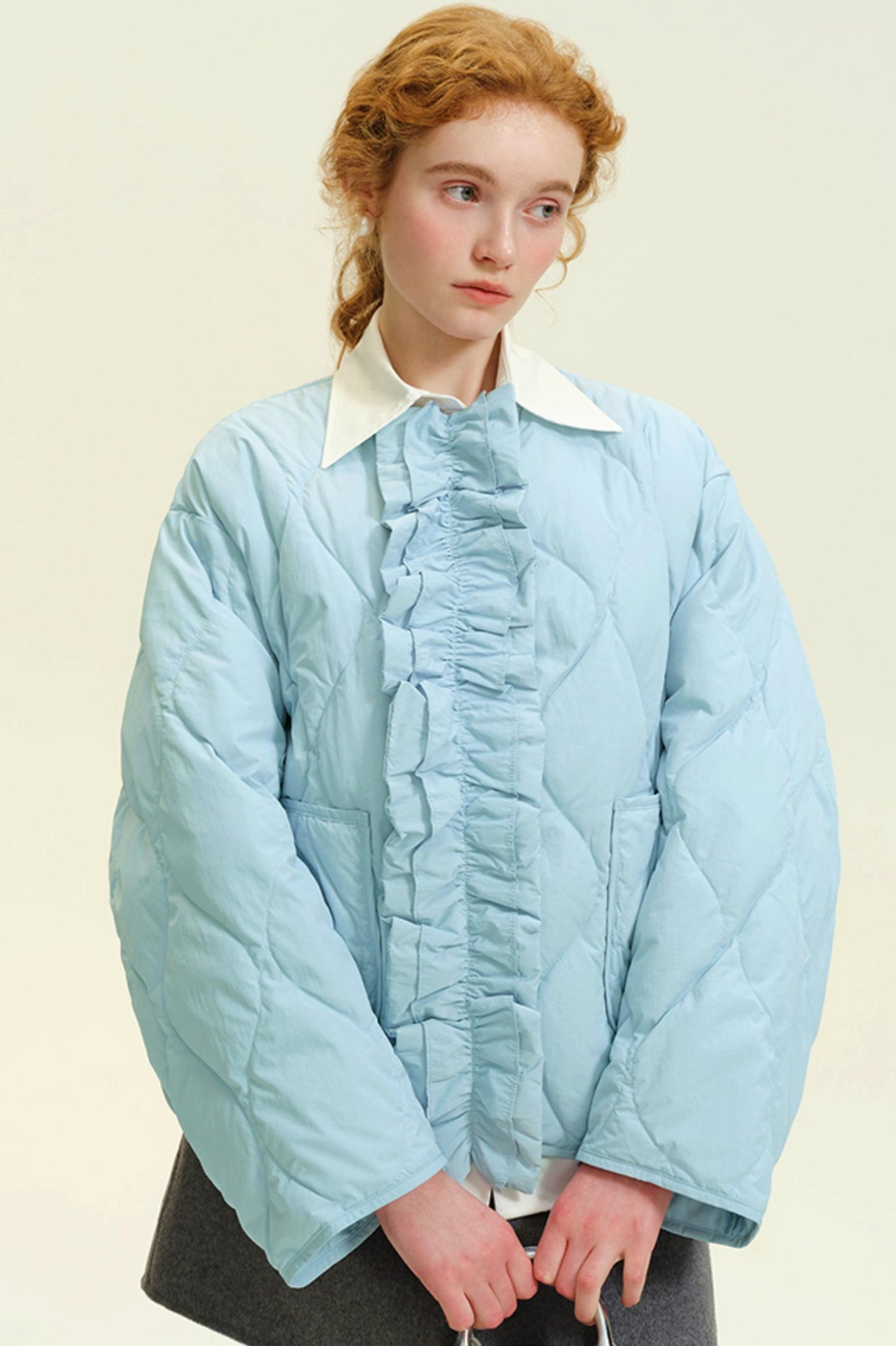 Blue Fungus Trimmed Short Down Jacket