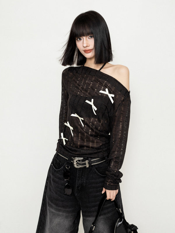 Off-Shoulder Mesh Cut-Out Blouse Top