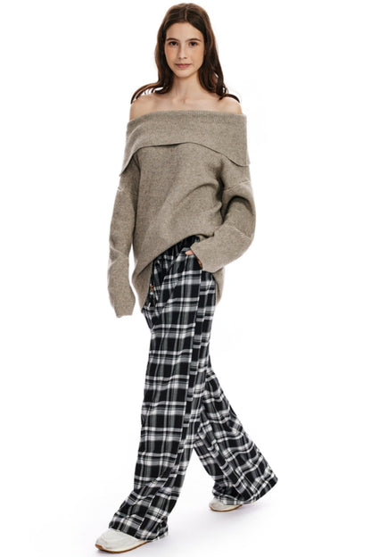 Checked Loose Wide-Leg Pants