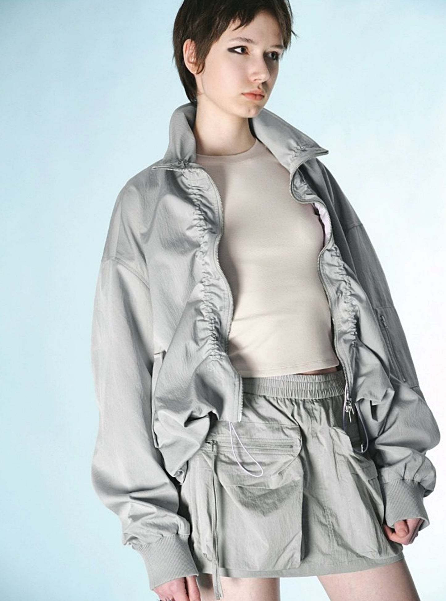 Double Zipper Drawstring Super Loose Jacket