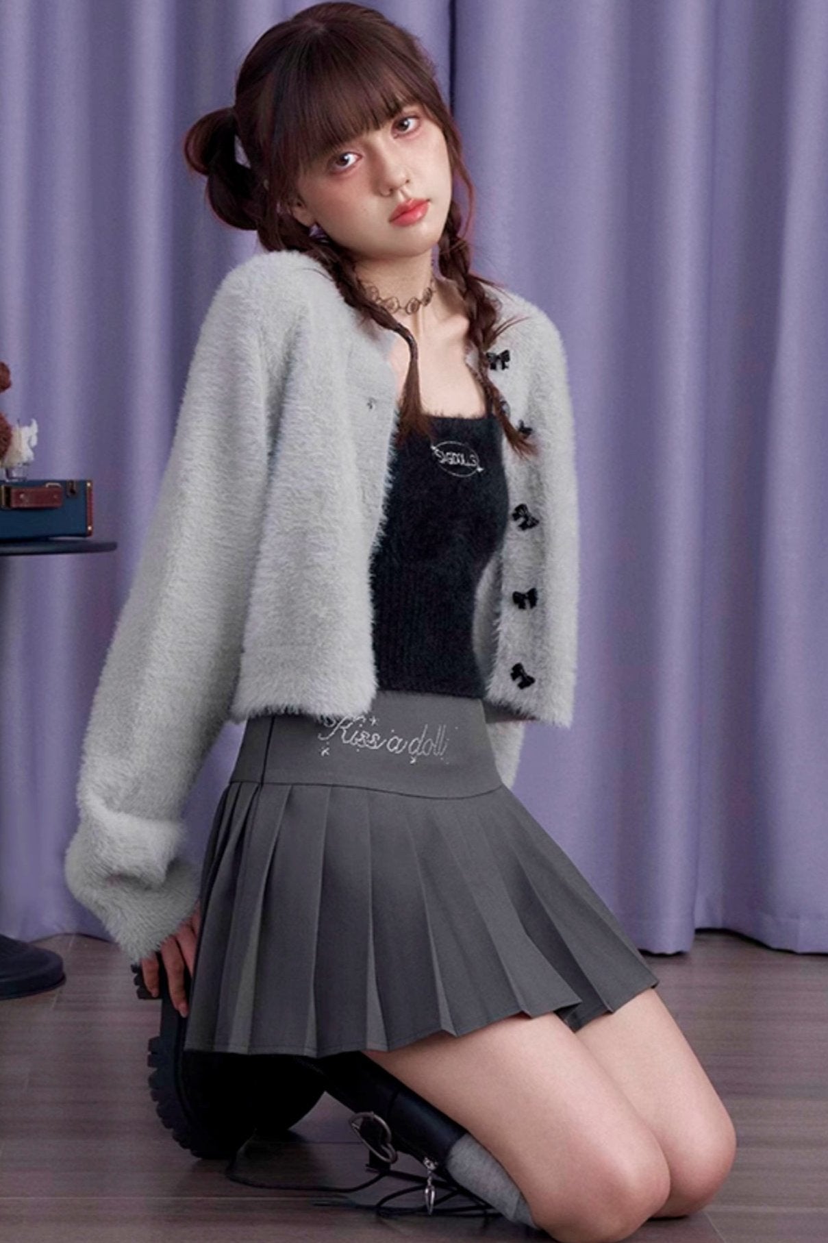 Gray Velvet Sweater Jacket Dress Set-Up