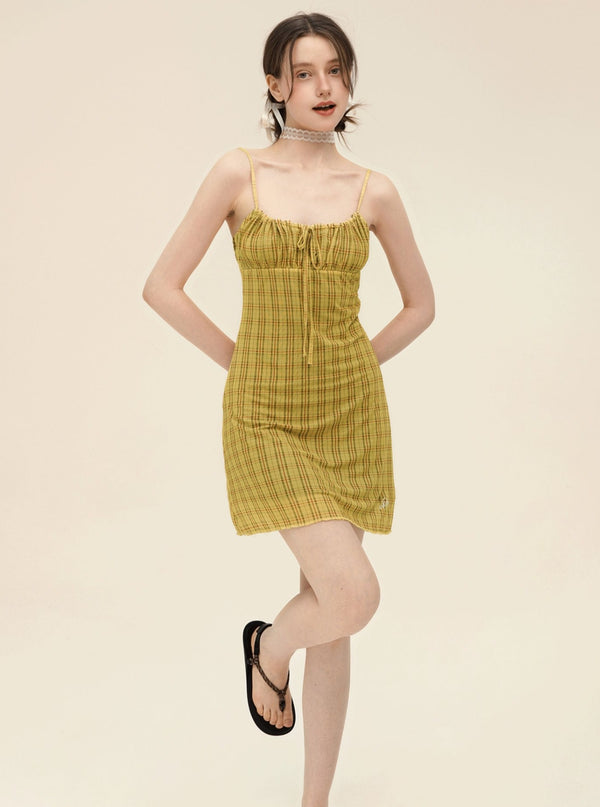 Check Stretch Mesh Slip Dress