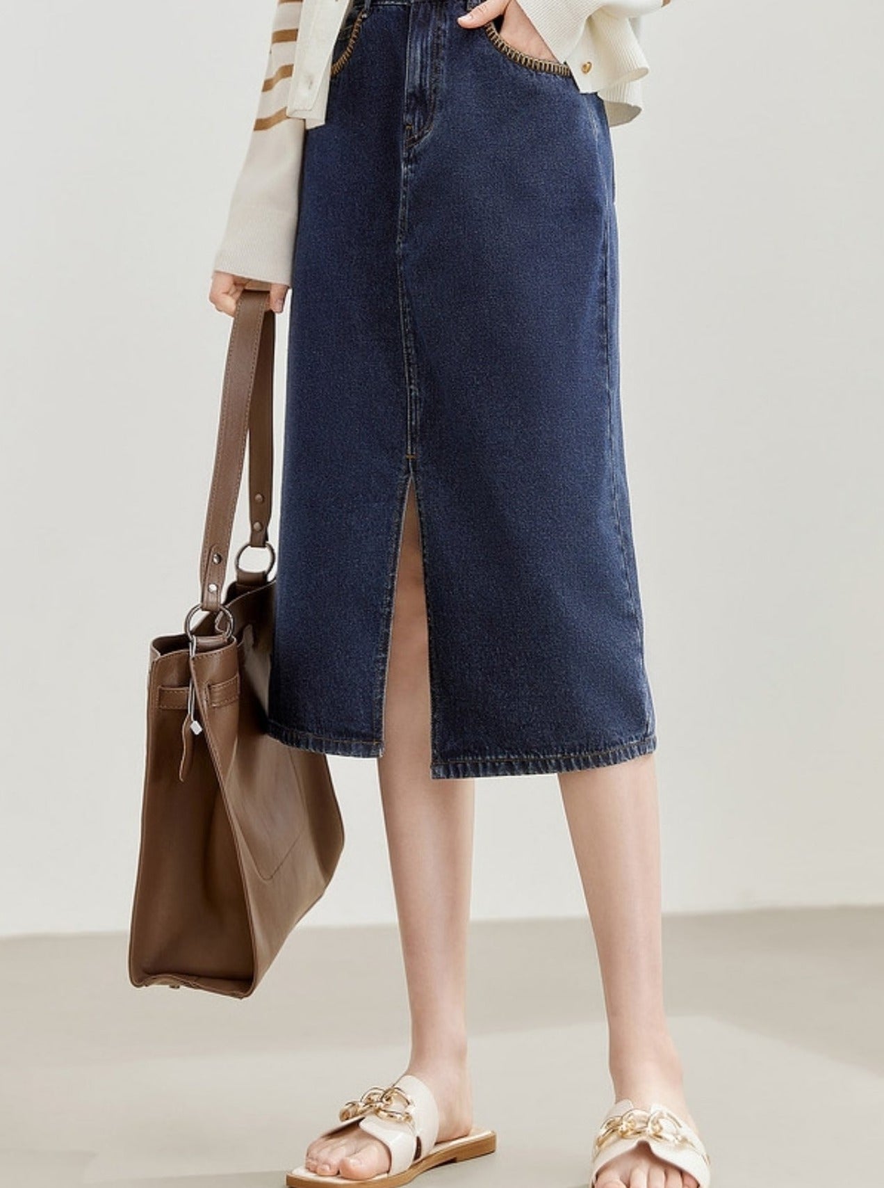 Retro Slit Denim Midi Skirt