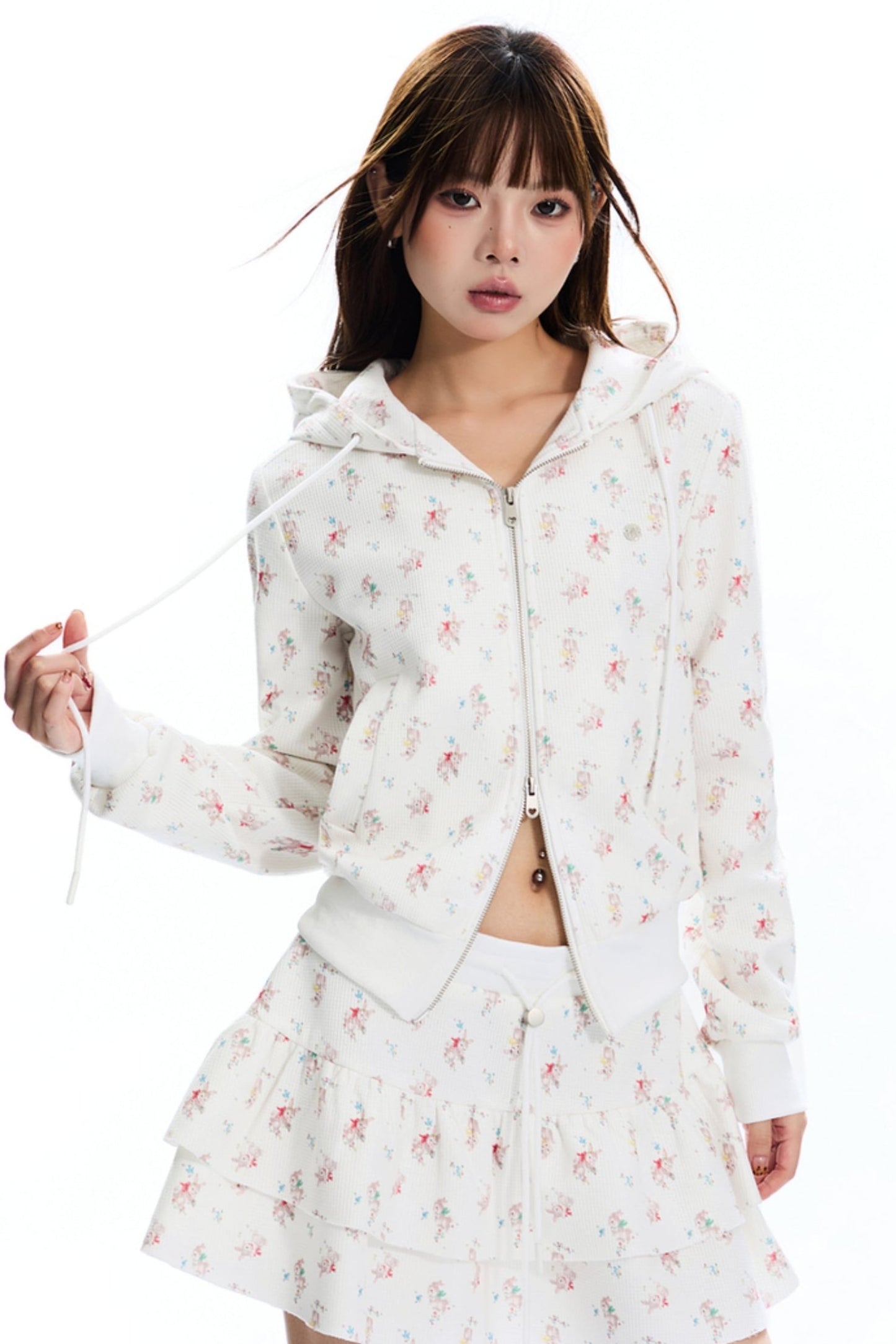 Floral Waffle Hooded Cardigan Jacket