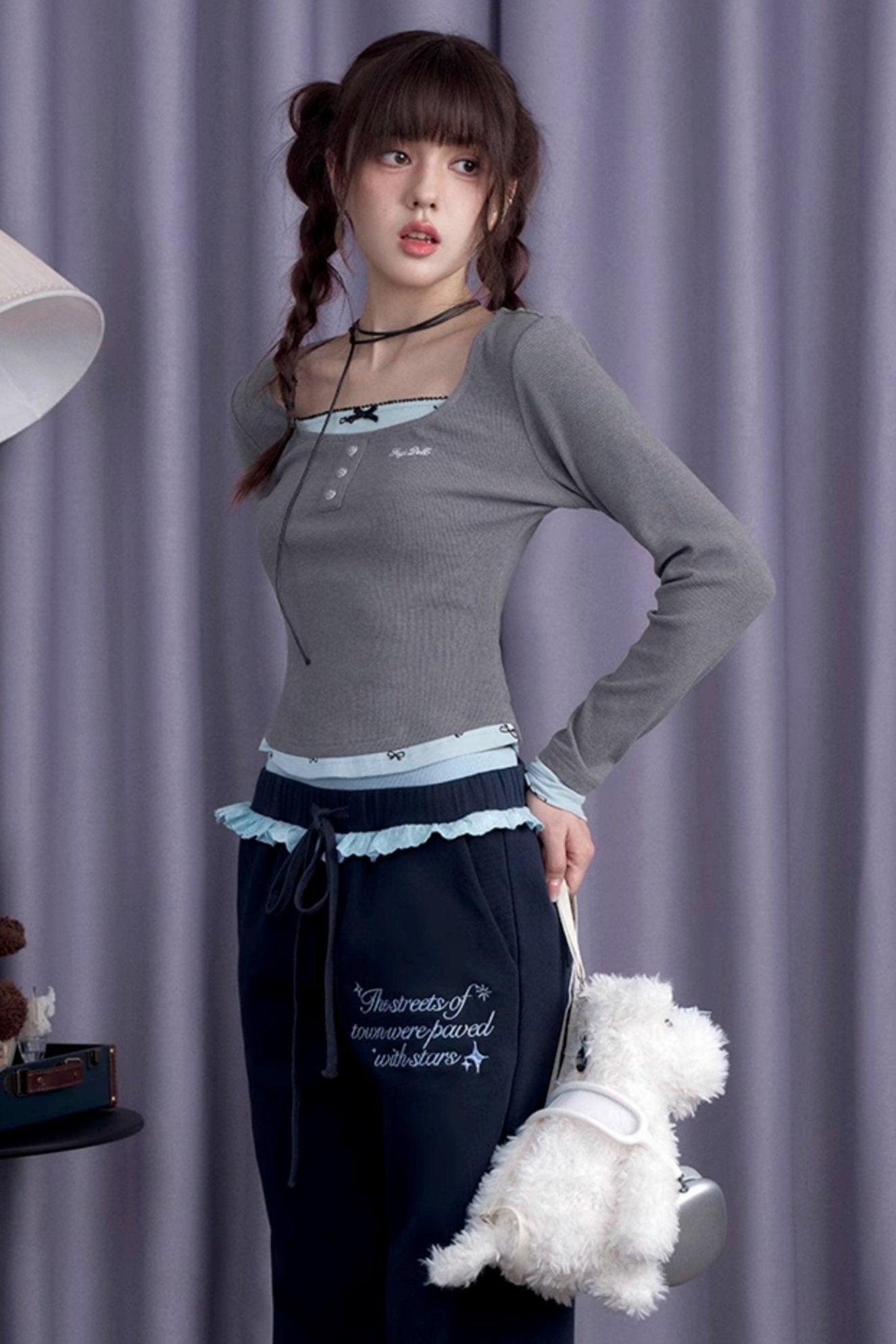 SagiDolls Girl's fighting spirit is sweet and versatile, gray and blue bow fake two long-sleeved T-shirts, slim and cute