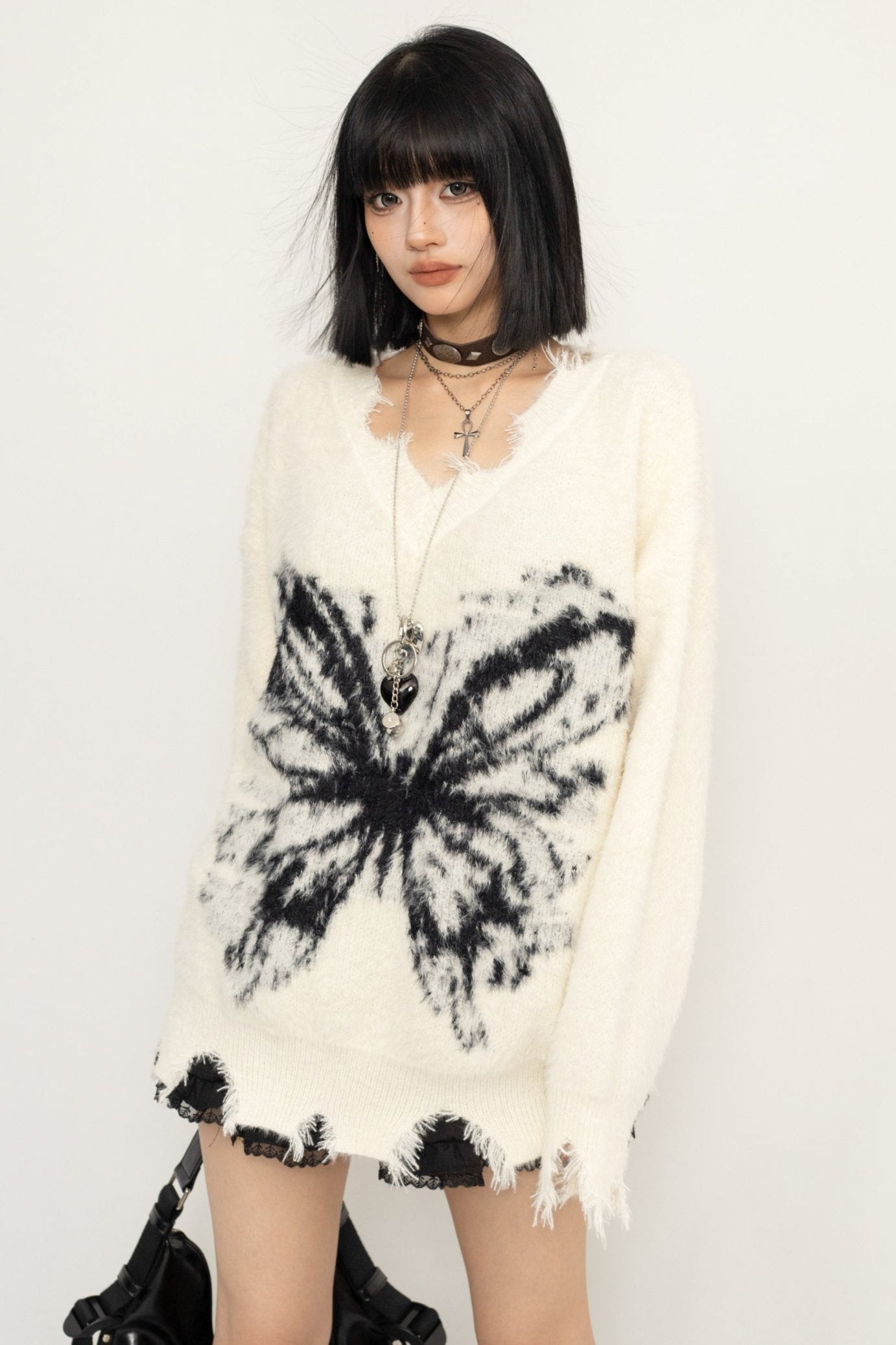 Frayed Sweater Butterfly Print Top