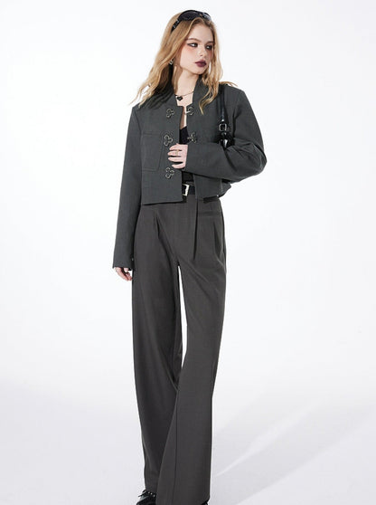 Gray Stand Collar Chinese Blazer Coat