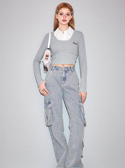 Fake Two-Piece College Knit Top