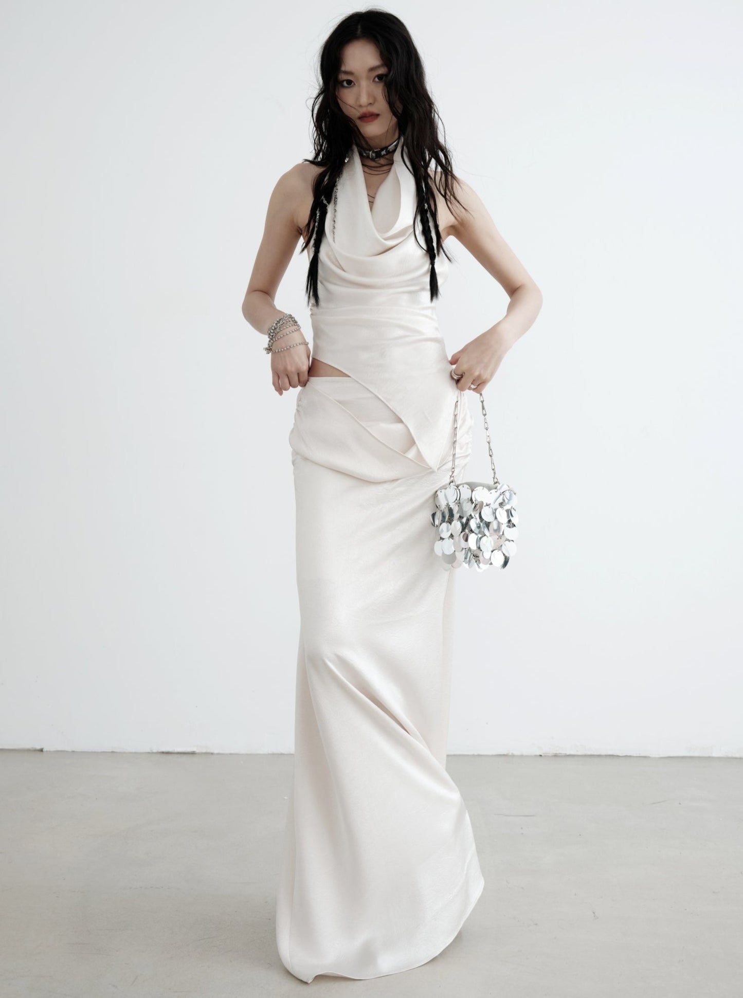 White Two-Piece Draped Vest Maxi Dress Set