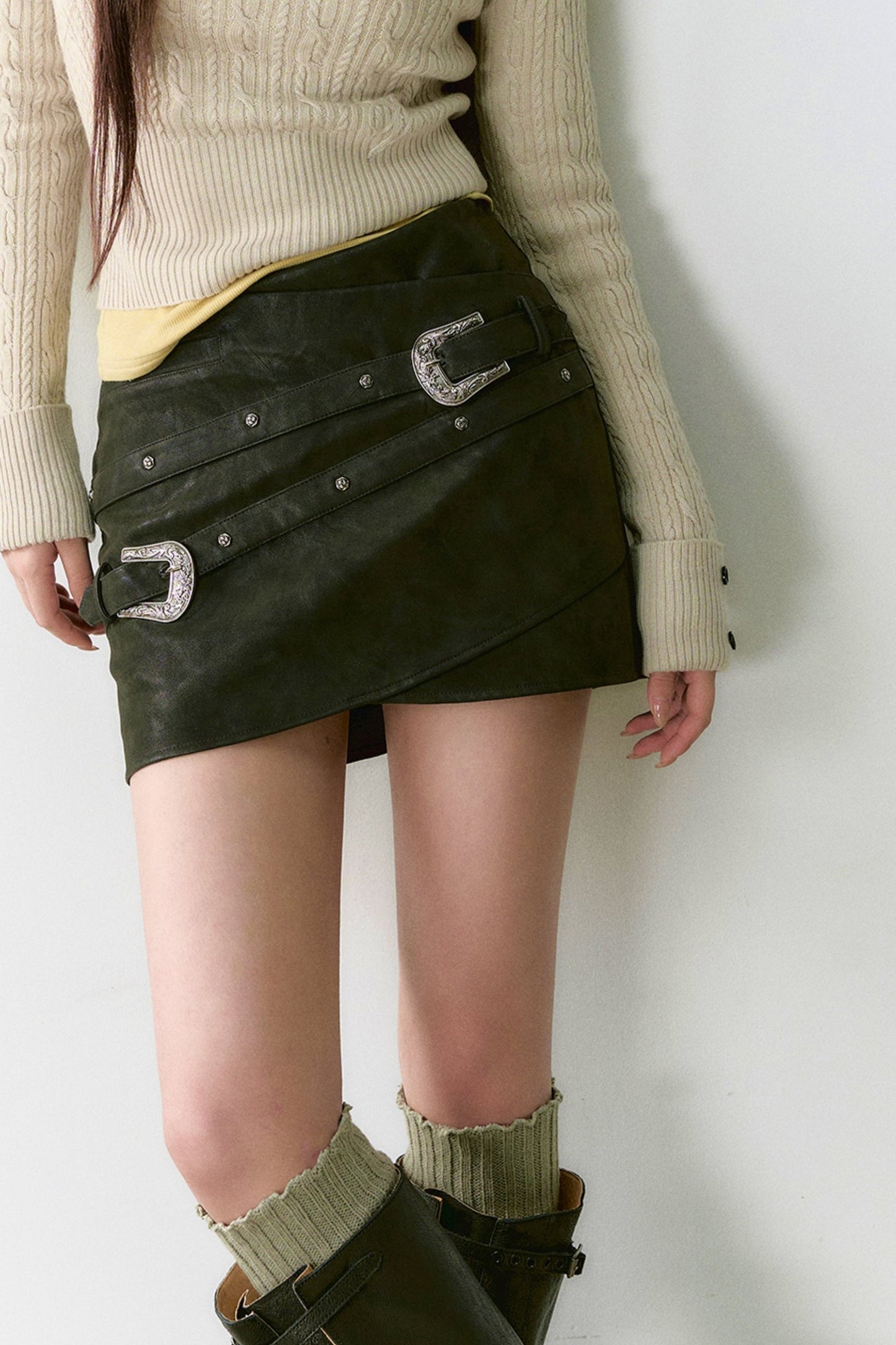 Black Design Leather Short Skirt