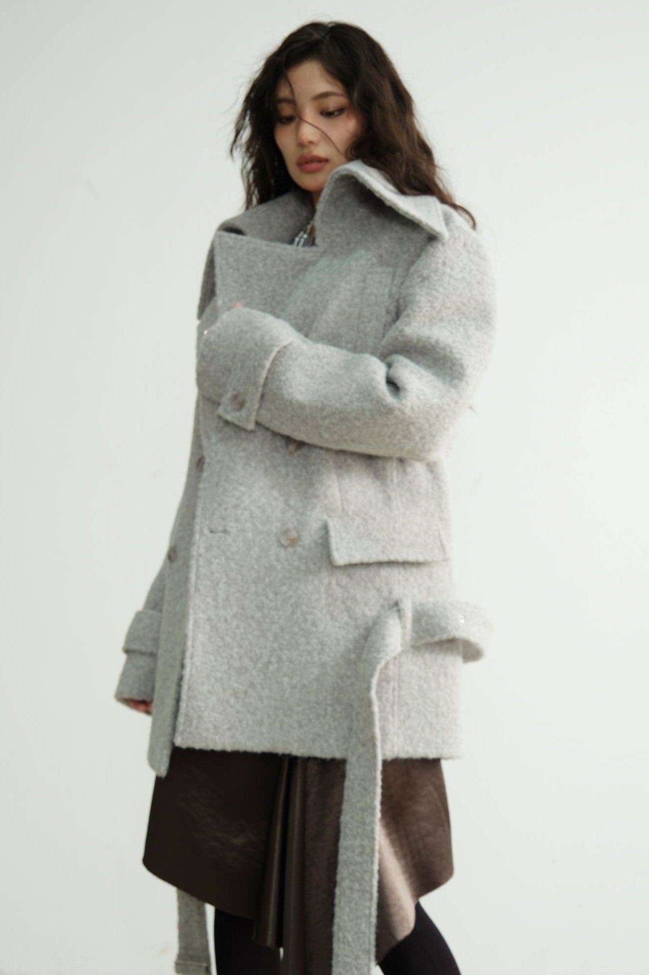 Light Gray Wool Stand-Collar Coat