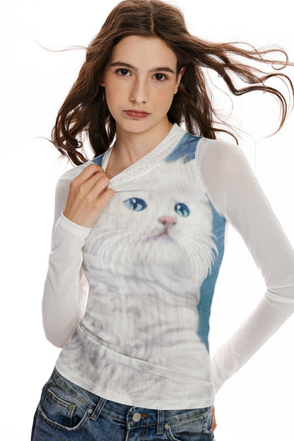 Cat Print Mesh Cropped T-Shirt