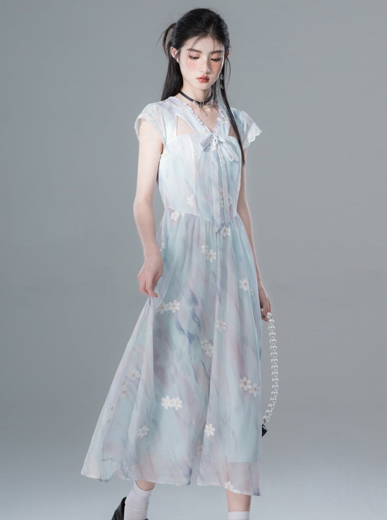 COTRE Eis-Extrakt Meeresblau Transparentes Katzenohr Ausschnitt Romantisch Besticktes Kleid