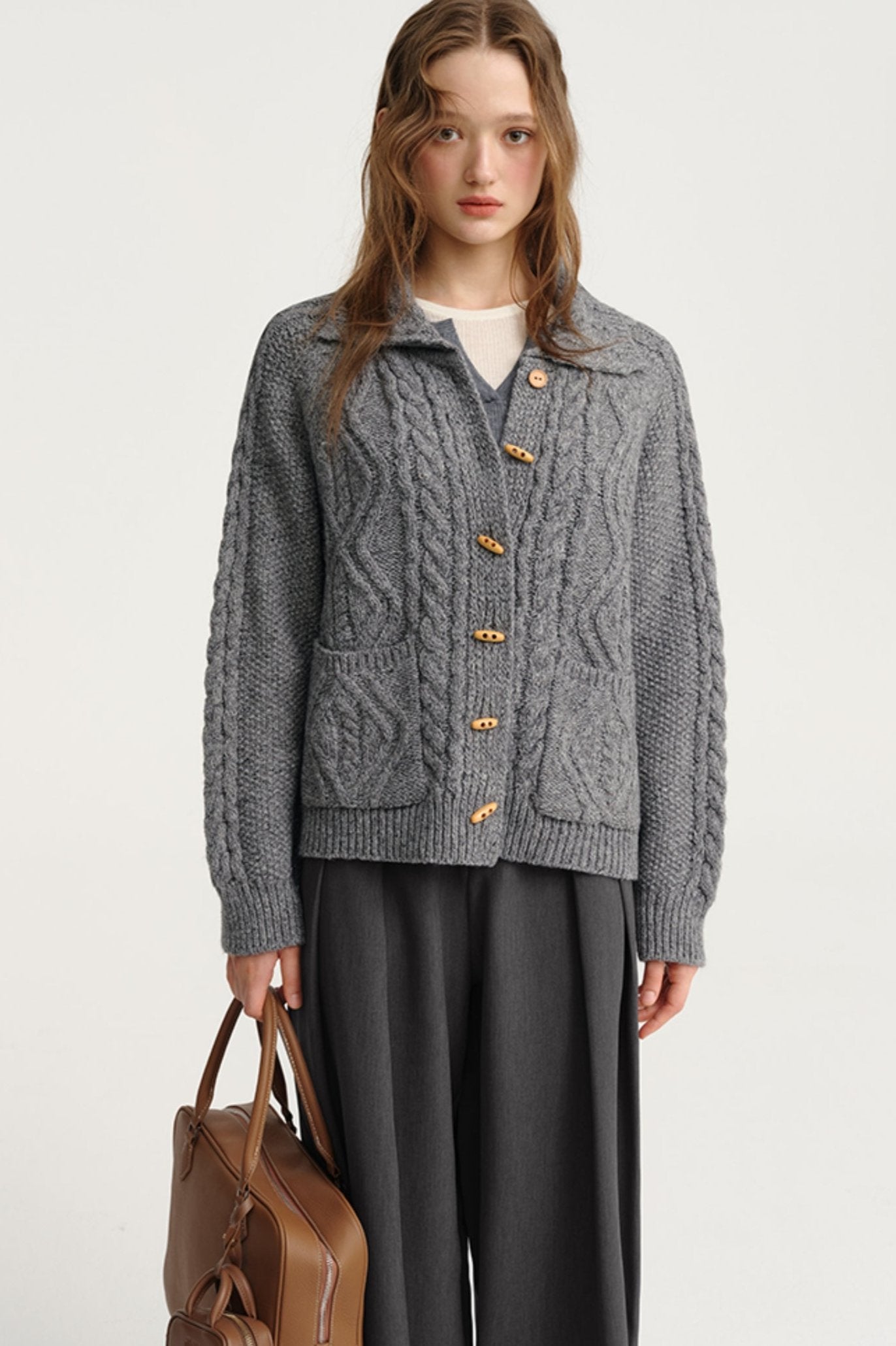 Grey Wool-Blend Roll-Neck Sweater Jacket