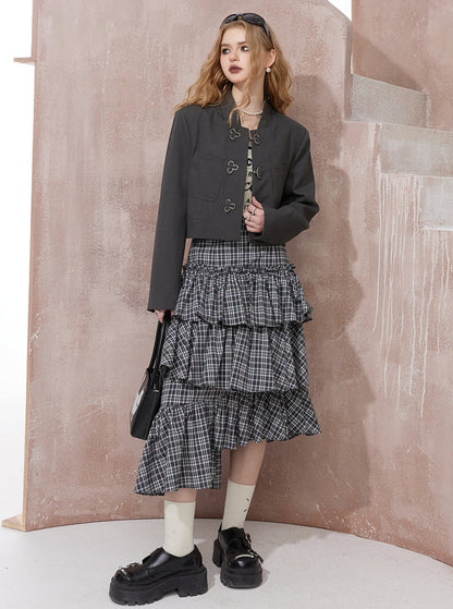 Irregular Ruffle Plaid Skirt