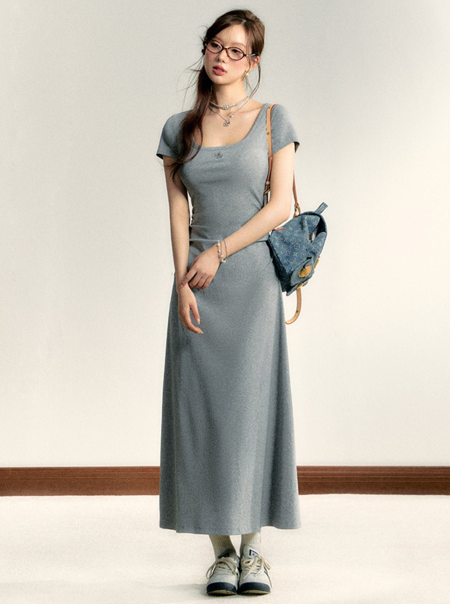 Square Neck Waist Cinched Long Dress