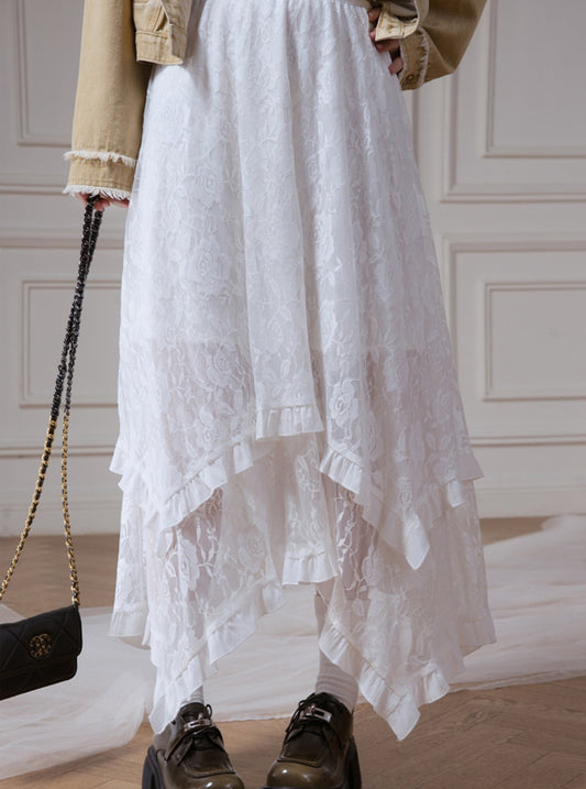 White Lace Asymmetrical Skirt