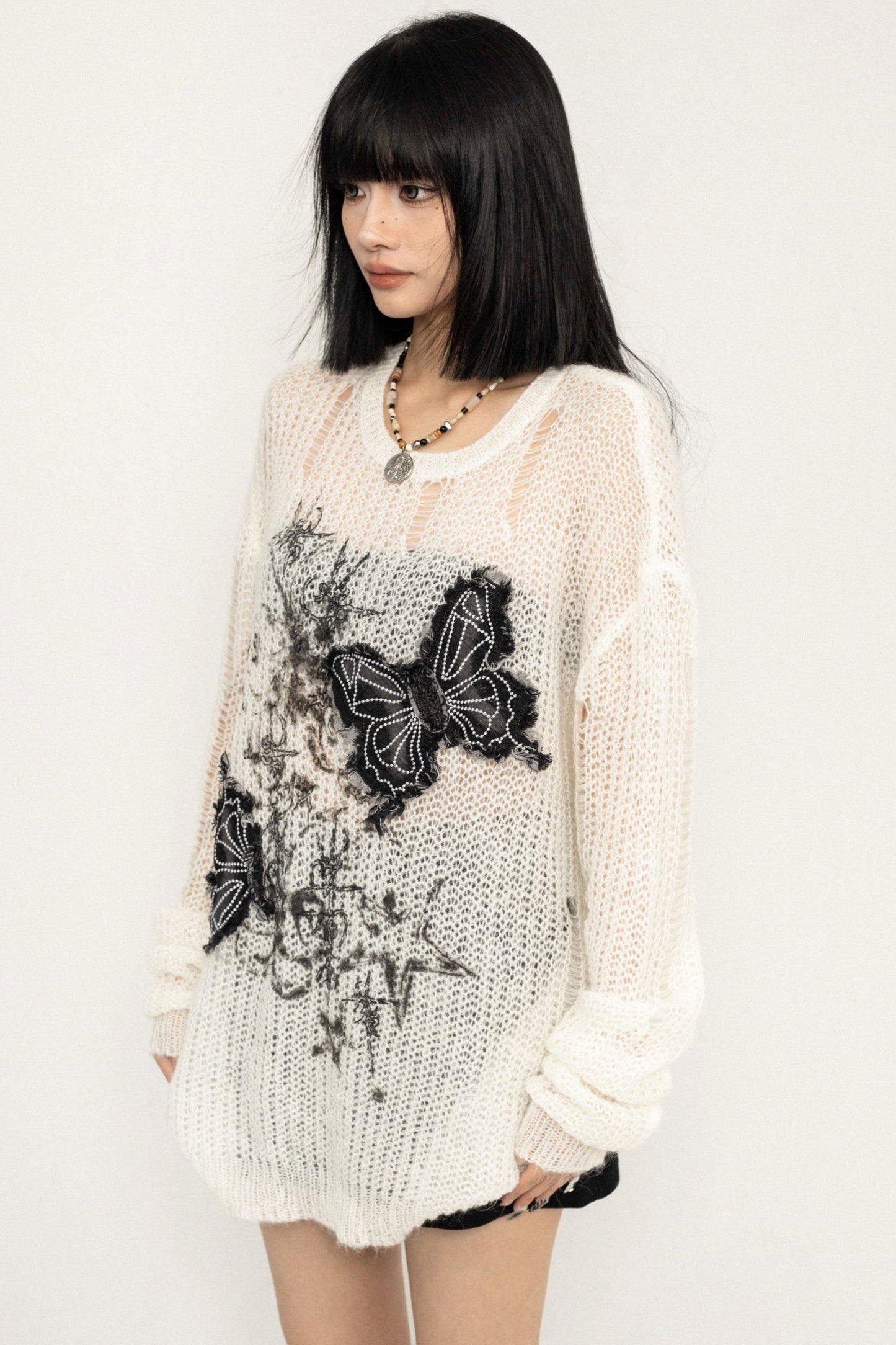 Vintage Butterfly Embroidery Mesh Knit Sweater