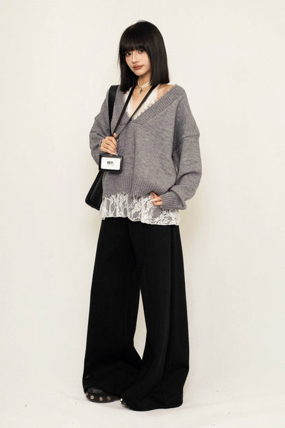 OCTTFLAB Herbst/Winter Großer V-Ausschnitt Pullover Damen Herbst/Winter 2024 Neue Lazy Style Atmosphäre Slim Top