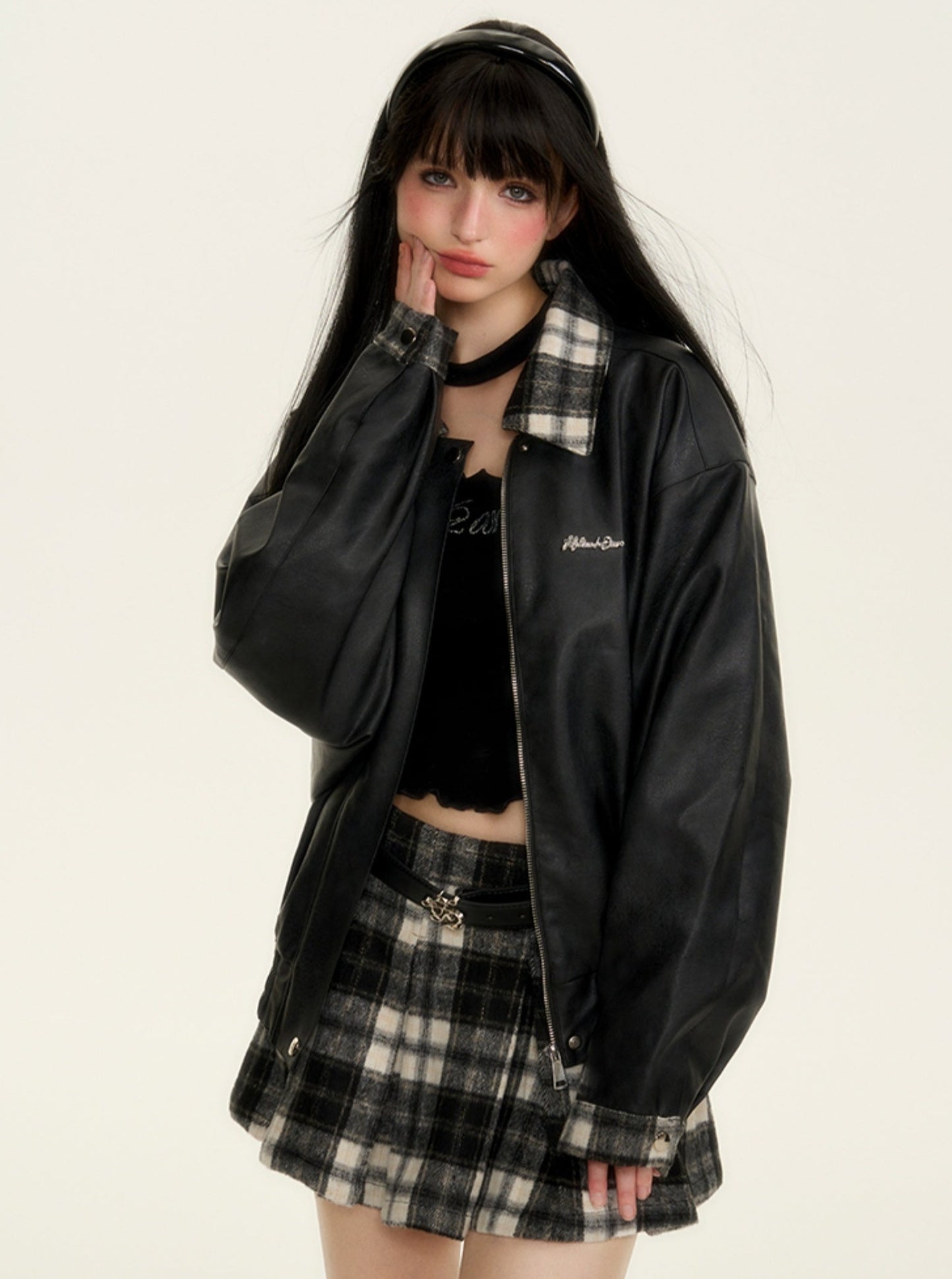 American paneled baseball leather jacket skirt set-up