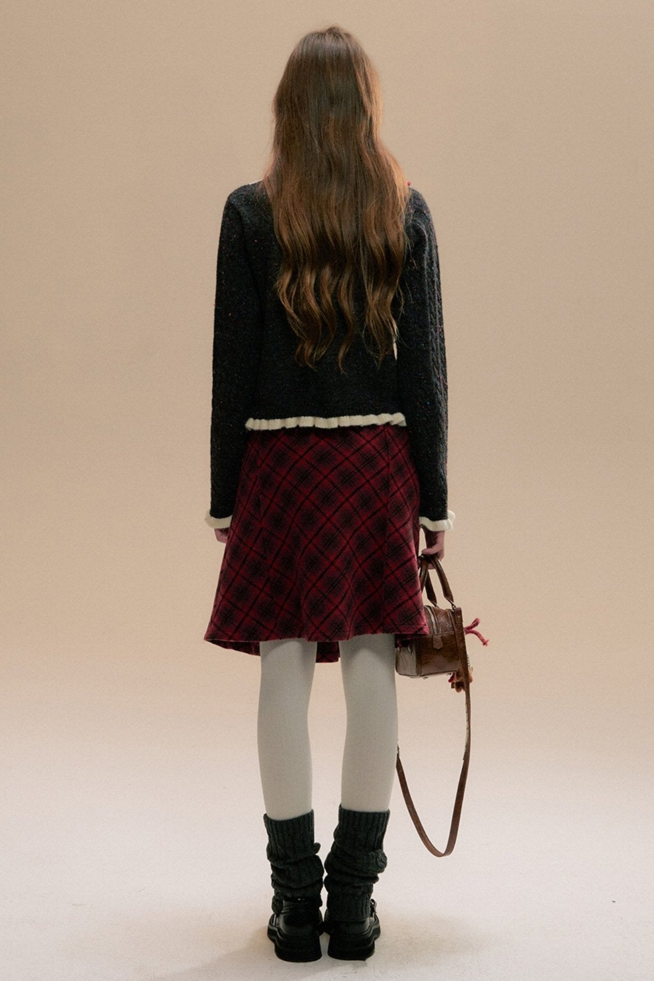 Red Check Tweed Pleated Skirt