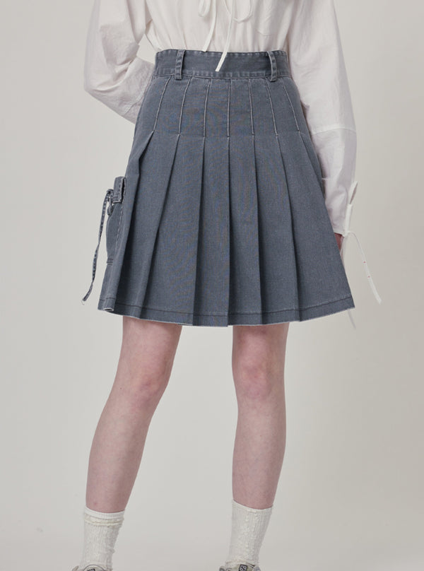High waist slim bow pleated denim skirt set