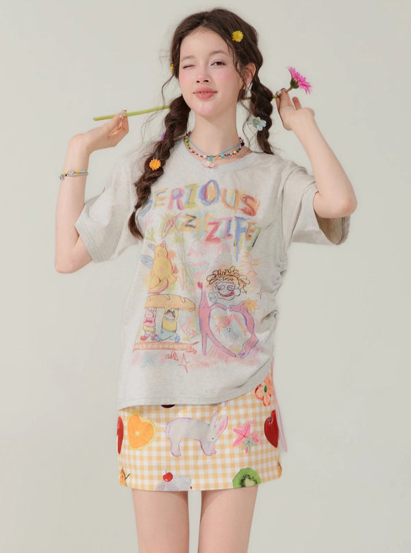 Print V-Neck Drawstring T-Shirt