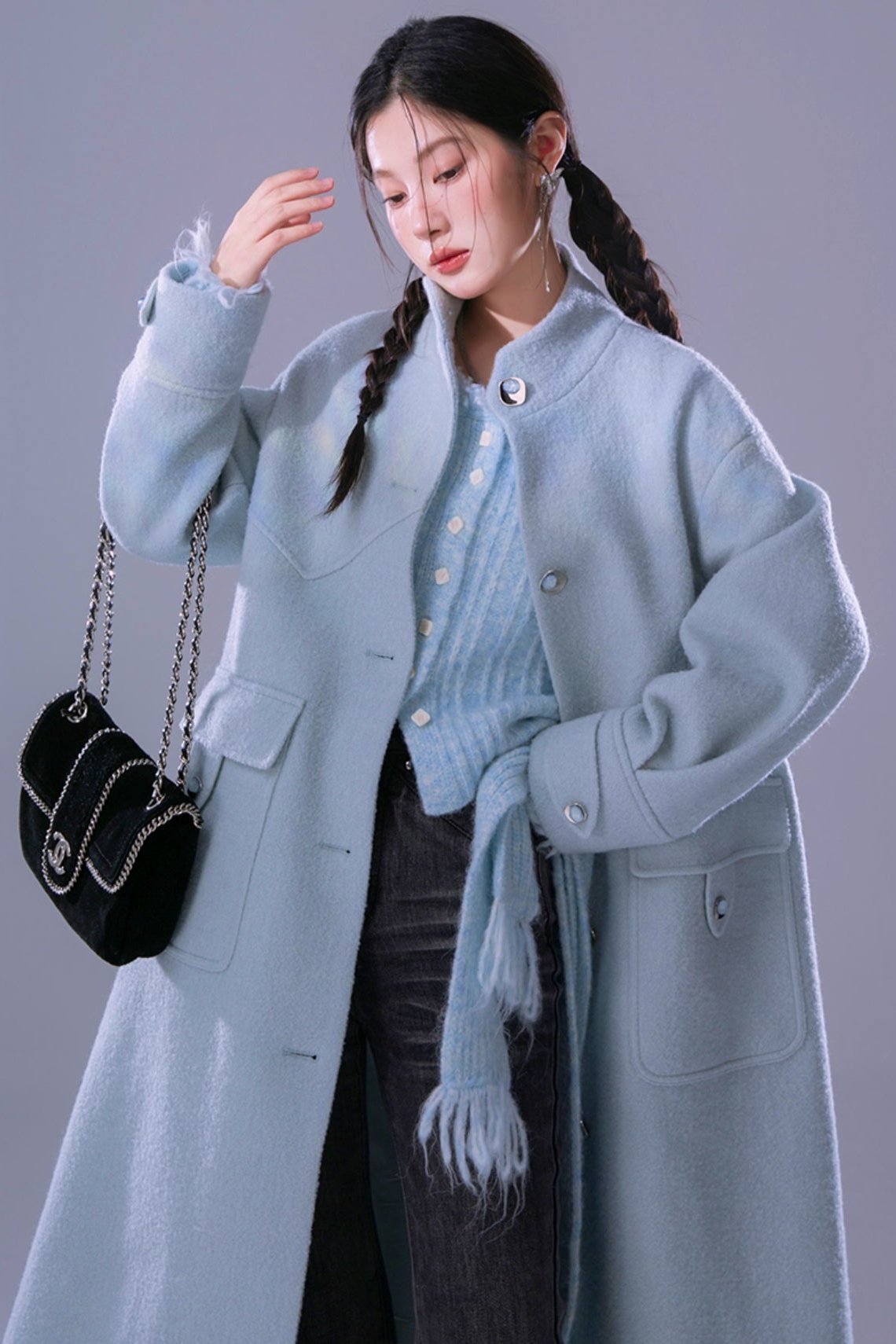 Blue Waxy Wool Long Coat