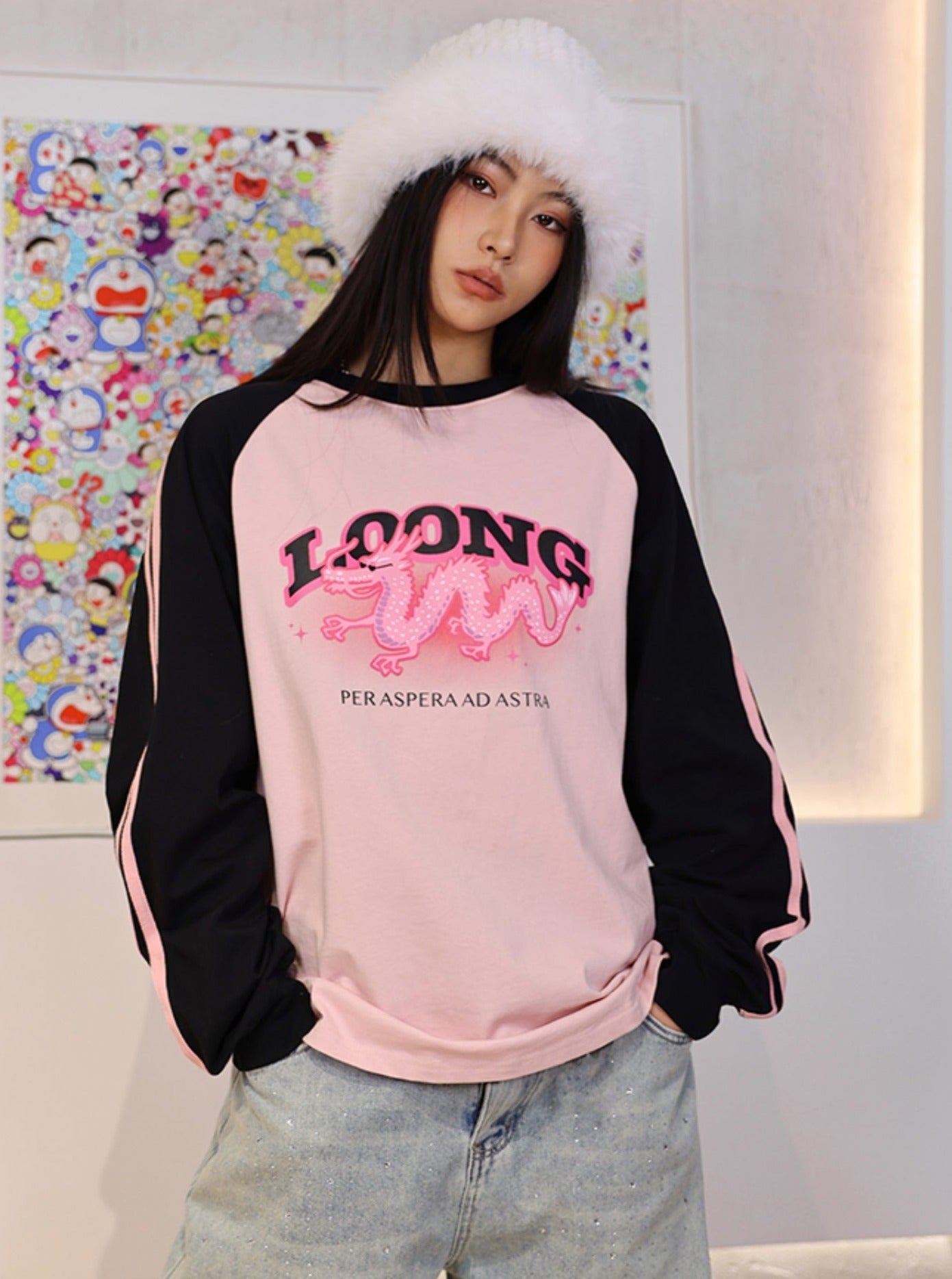 Black Pink Raglan Dragon Sweatshirt