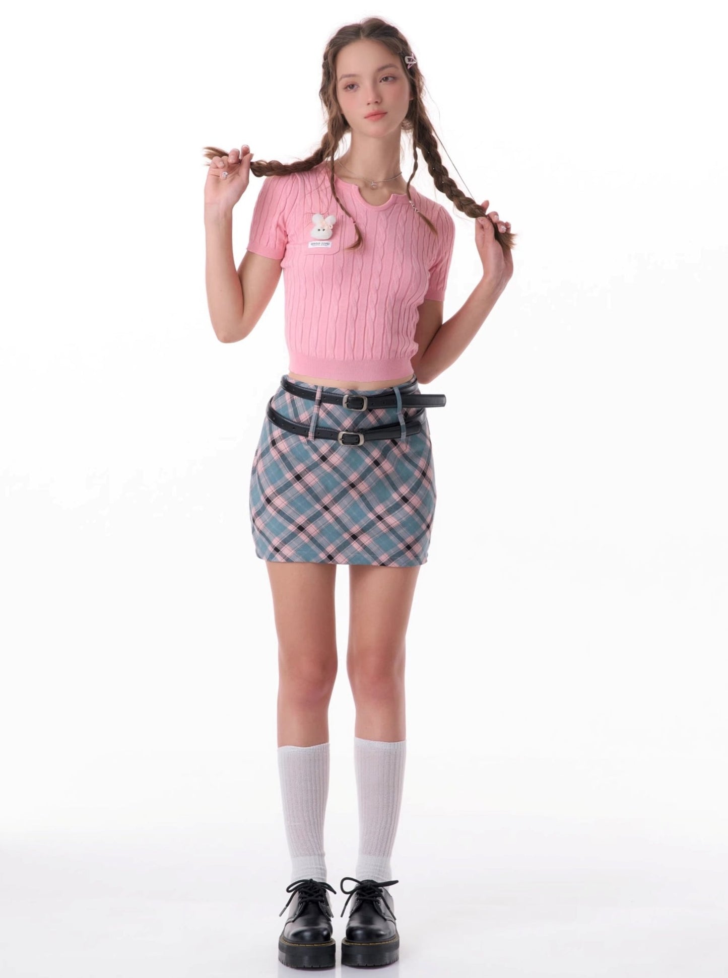 Pink Blue Plaid A-Line Skirt