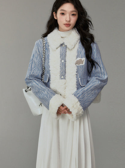 Denim rabbit fur stitching thickened jacket