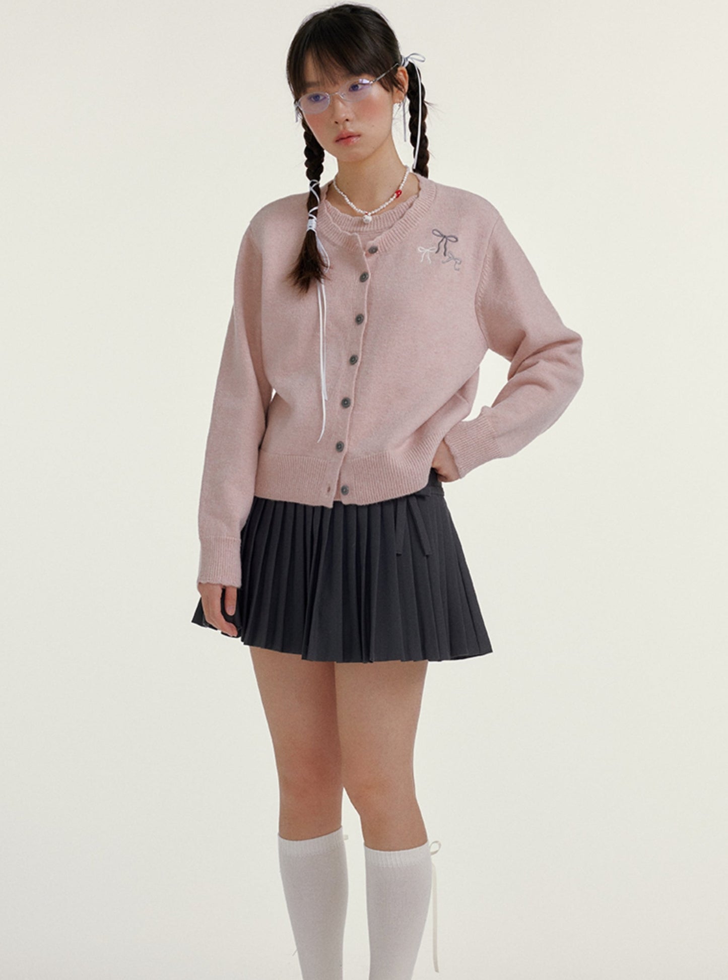 Fake Two-Piece Bow Knit Cropped Cardigan Jacket