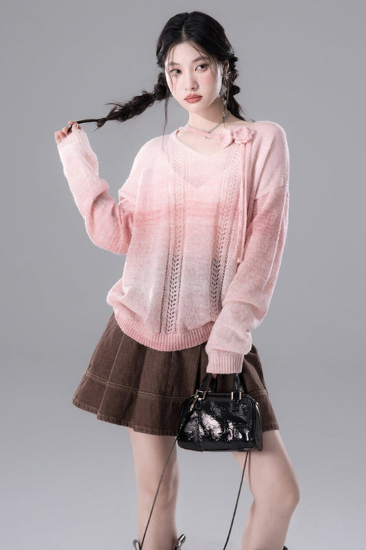 Gradient Blush V-Neck Pullover Knit Top