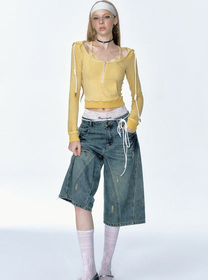 [Curriges Juli 9 New Arrival] retro distressed washed loose wide-leg babes denim cropped pants