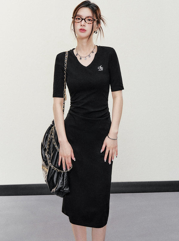 Black And Gray V-Neck Short Sleeve Dress