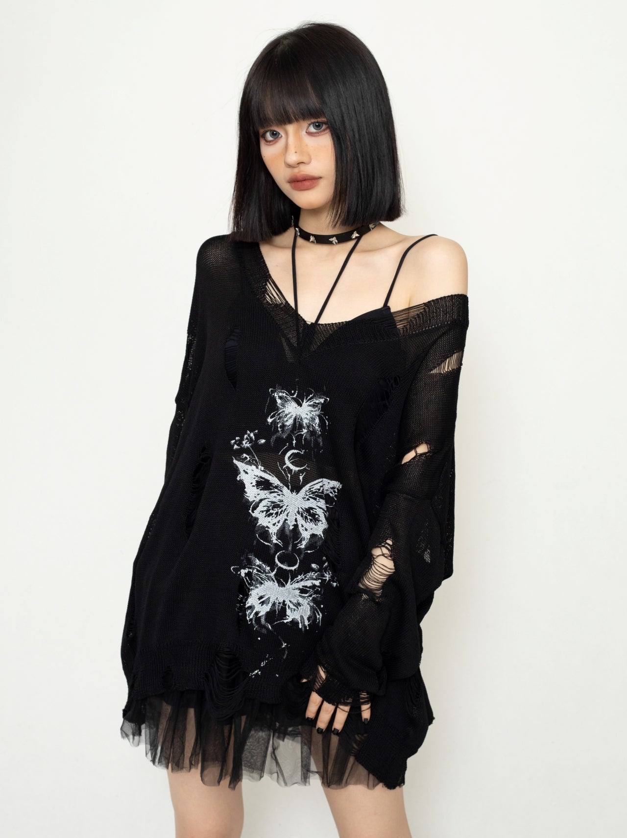 Mesh Cut-Out Butterfly Sweater Top