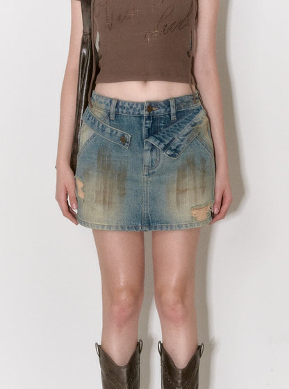 Ripped Dirty Wash Denim Skirt