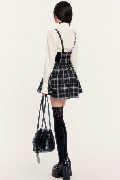 High WAIST HERRINGBONE CHECK STRAP SKIRT