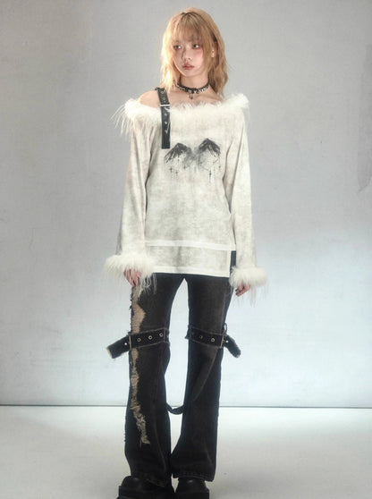 punk fur belt neck print long sleeve T-shirt