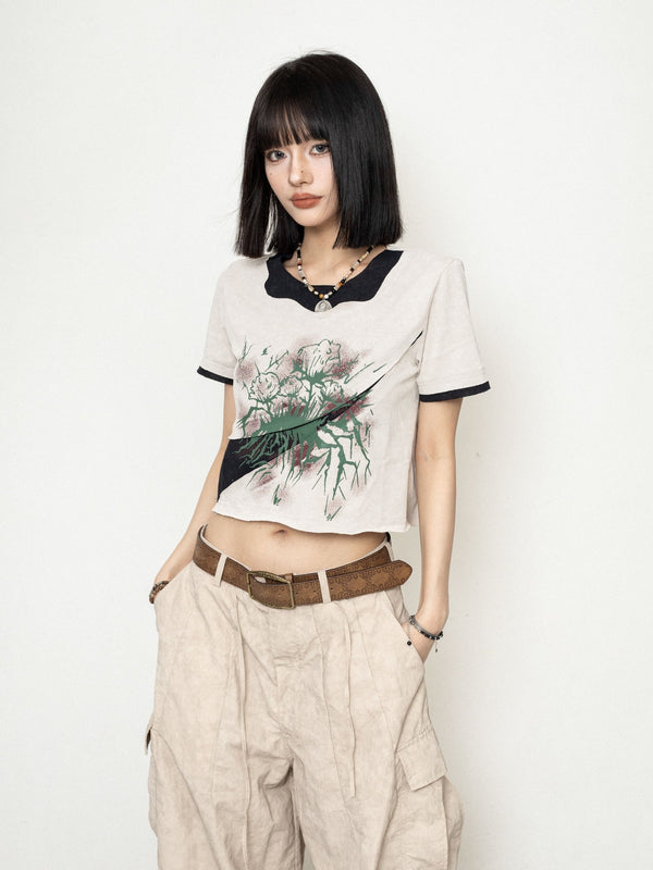 Round Neck Shoulder Short T-Shirt