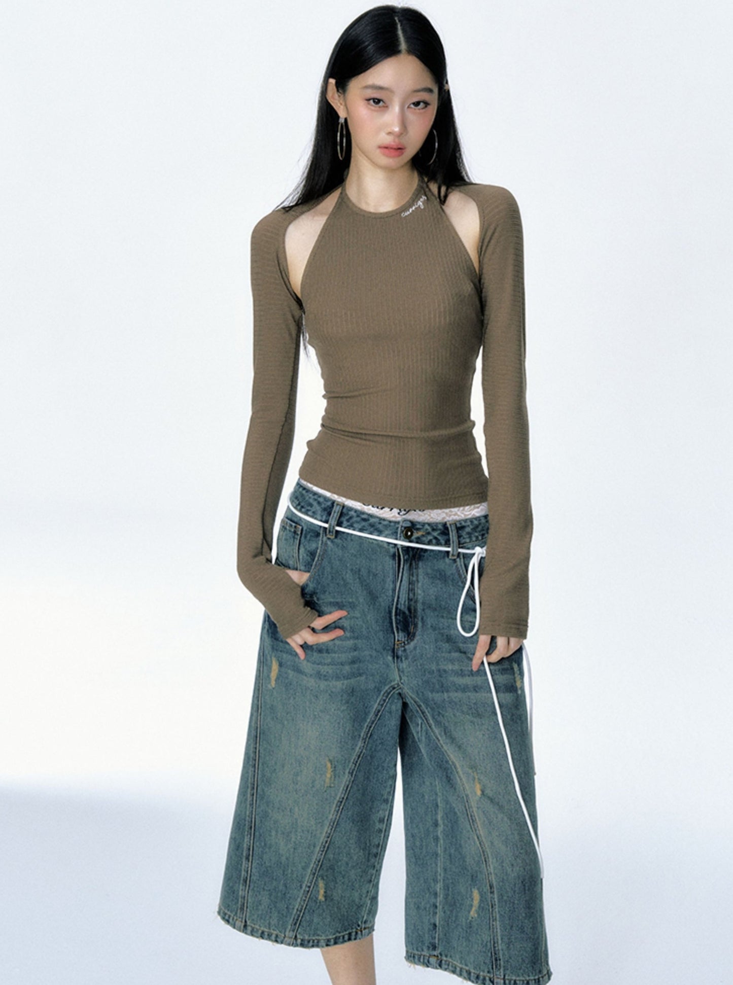 [Curriges Juli 9 New Arrival] retro distressed washed loose wide-leg babes denim cropped pants