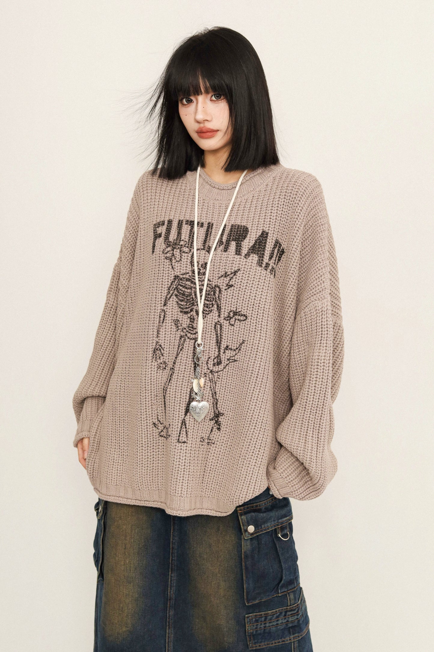 Slouchy Wool Knit Crew Neck Sweater