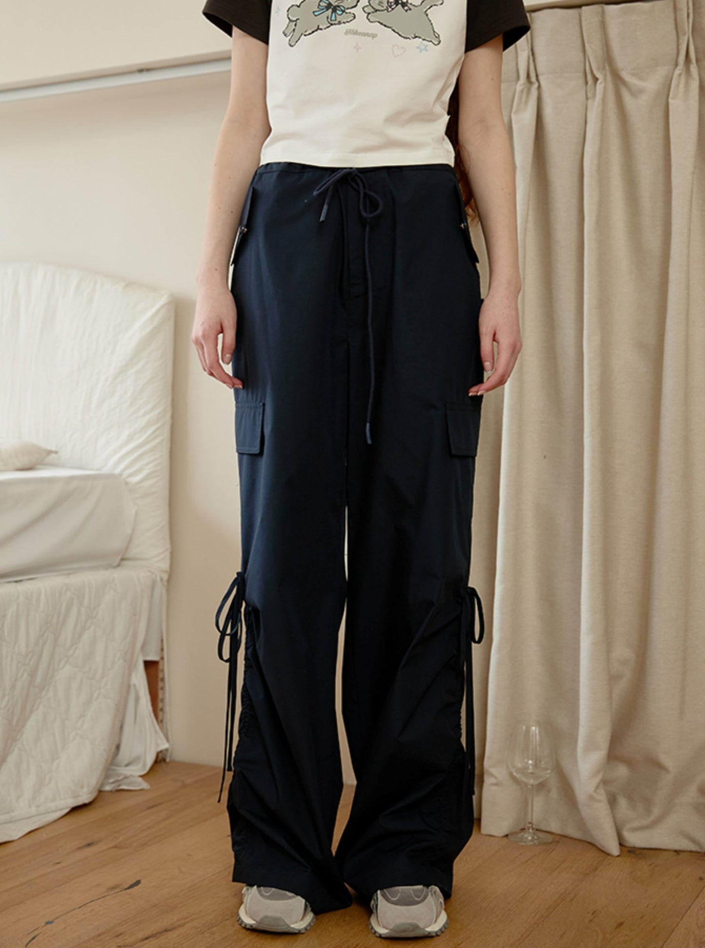 Drawstring Bow Wide-Leg Cargo Pants