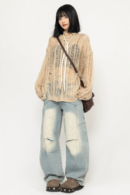 OCTTFLAB American high street stitched contrasting denim trousers design sense hot girl slim washed wide-leg trousers