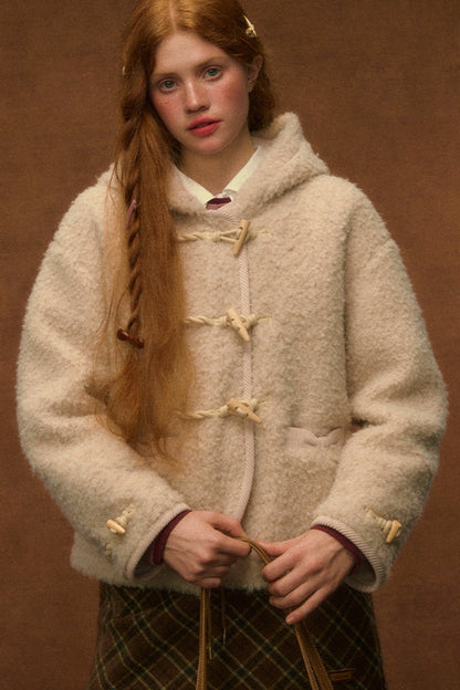 Bow Hooded Lambswool Horn Button Coat