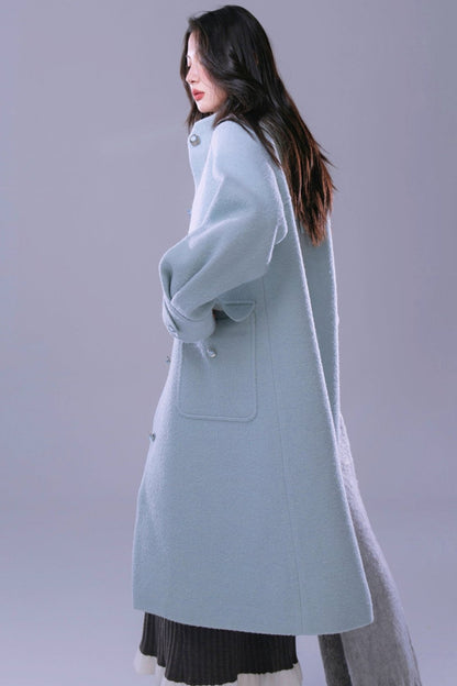 Blue Waxy Wool Long Coat